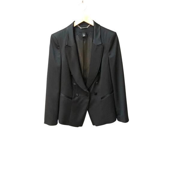 WHBM Black Tuxedo Style Doubled-Breasted Blazer Satin SZ 12 Cocktail Casual - Picture 1 of 10